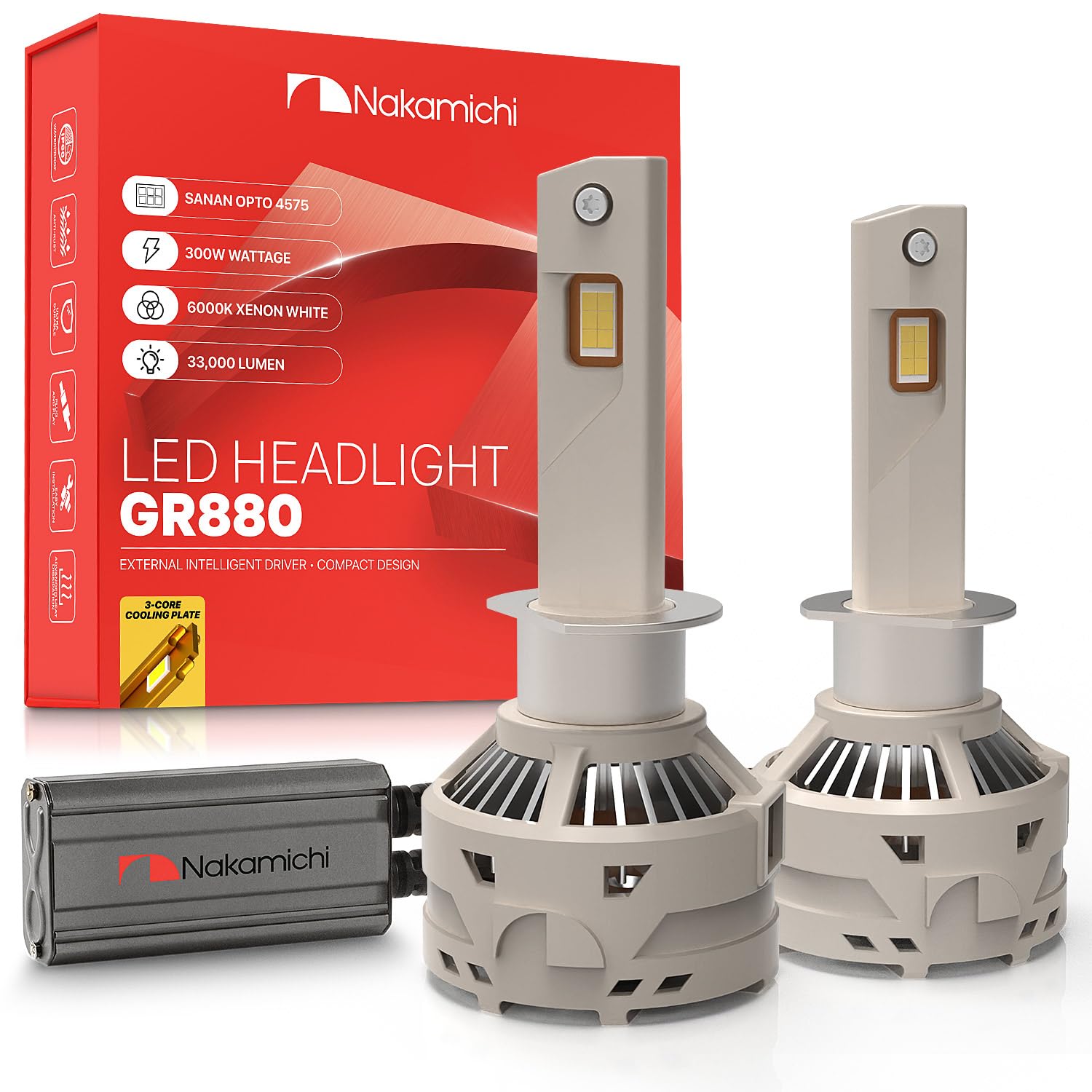 Nakamichi Bombillas LED Serie GR880 H1 De Repuesto, 33,000 Lúmenes 300W Por Juego, Luz Blanca Xenón Superbrillante, Conectar Y Usar, Luz Alta Y Baja, Paquete De 2, 6000K, H1