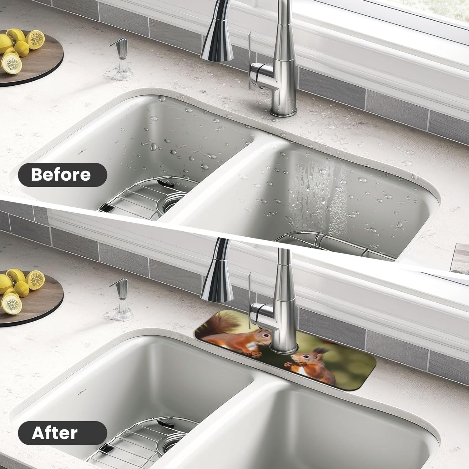 Faucet Mat for Kitchen Sink, Super Absorbent Sink Splash Guard, Fast Drying Mat Cute Squirrels Sink Gadgets Splash Guard Behind Faucet Drip Catcher for Bathroom, 15"x 5.5" image 4