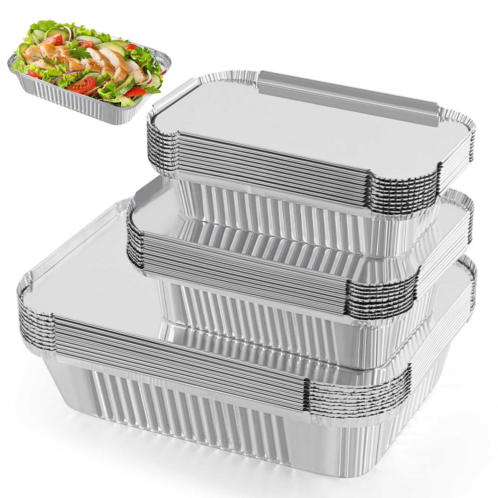 JNYLYFC 45 Pack Aluminium Foil Trays with Lids, 1750ml/700ml/410ml Large Tin Foil containers, Disposable Take Away Food Containers, Reusable Foil Baking Trays for Cooking, Roasting, Baking, Frying