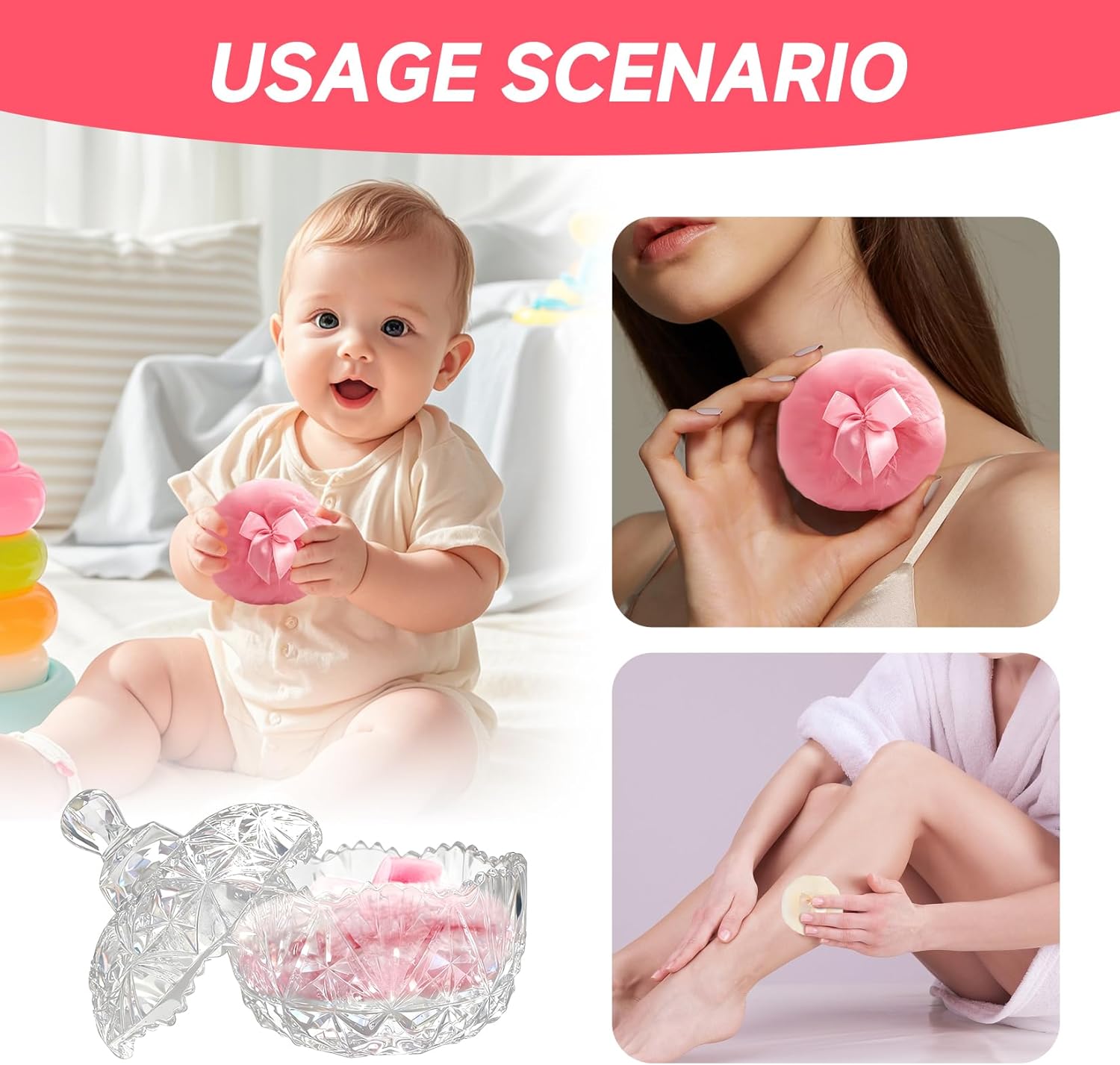 3pcs Large Body Powder Puff and Container, 2PCS Soft Washable Reusable Powder Puff and Clear Glass Powder Container, Large Dusting Powder for Women Face Body Puff - Image 6