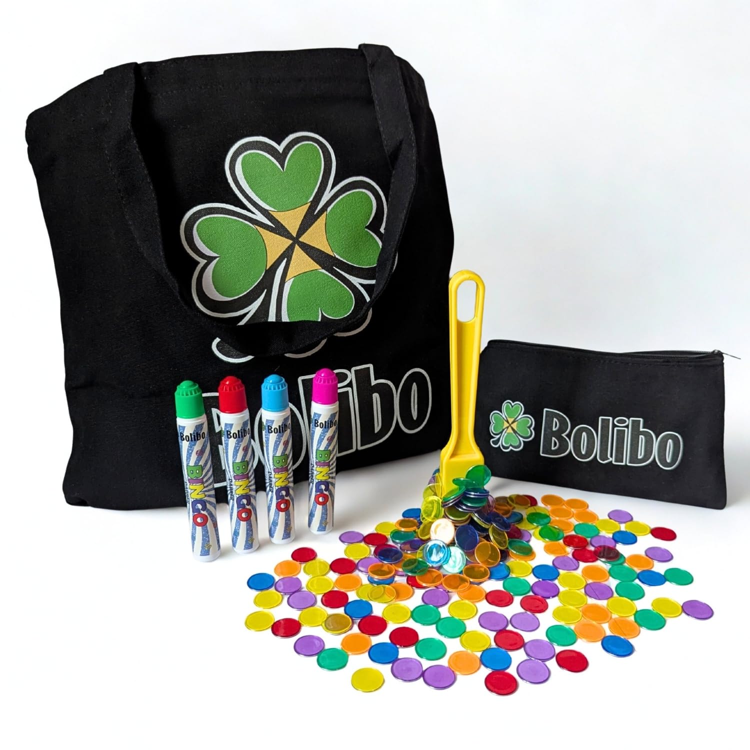 Bolibo Kit 5 en 1 SPÉCIAL Bingo - 1 Sac, 1 Trousse, 4 Marqueurs Bingo, 1 Bâton magnétique et 200 Pions magnétiques - Tous Les Accessoires indispensables pour Les passionnés de Loto/Bingo
