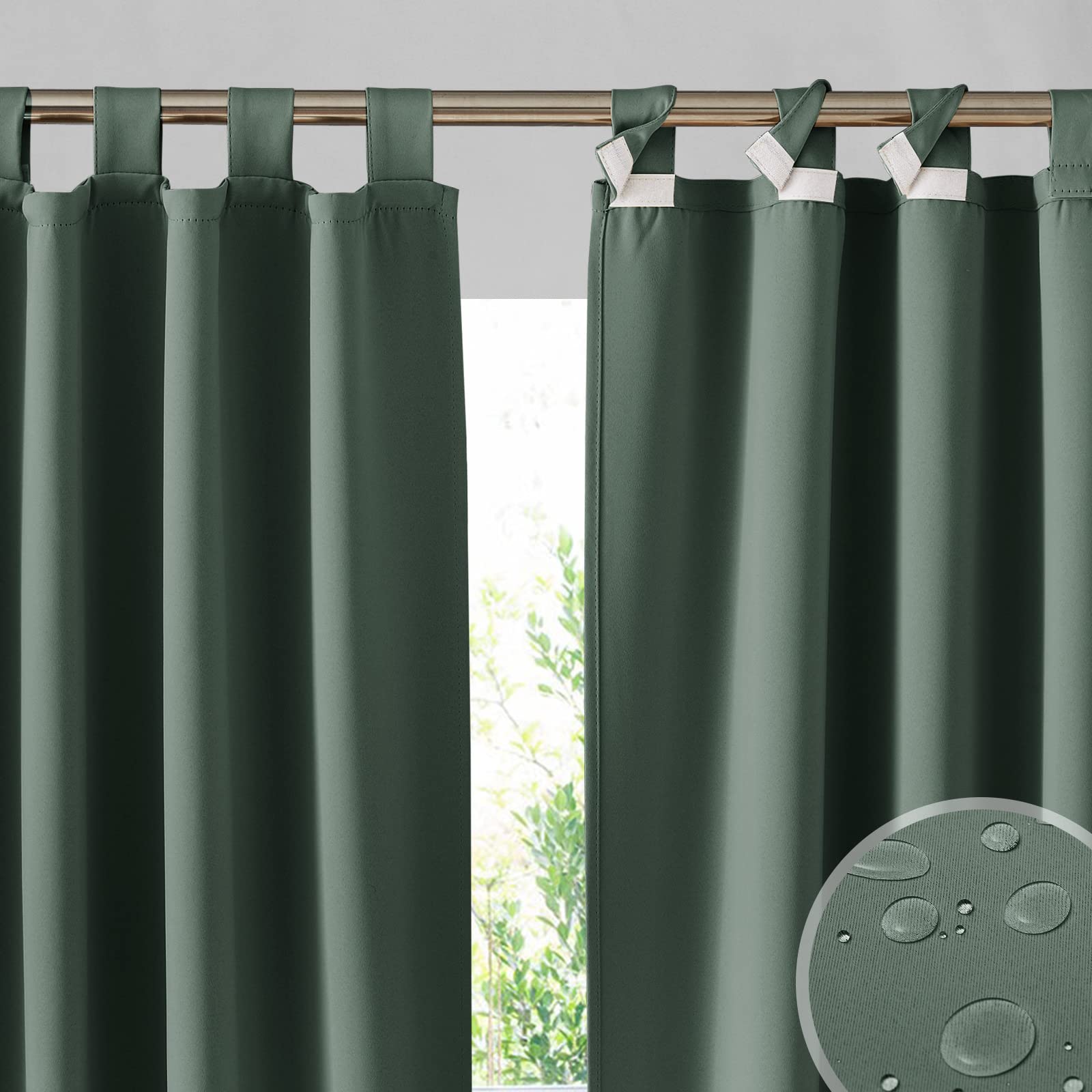 RYB HOME Adhesive Detachable Top Outdoor Curtains, Waterproof Blackout Privacy Insulating Outside Drapes for Patio Porch Garage Pergola Pavilion, W 52 x L 84 inches, Dark Green, 2 Panels
