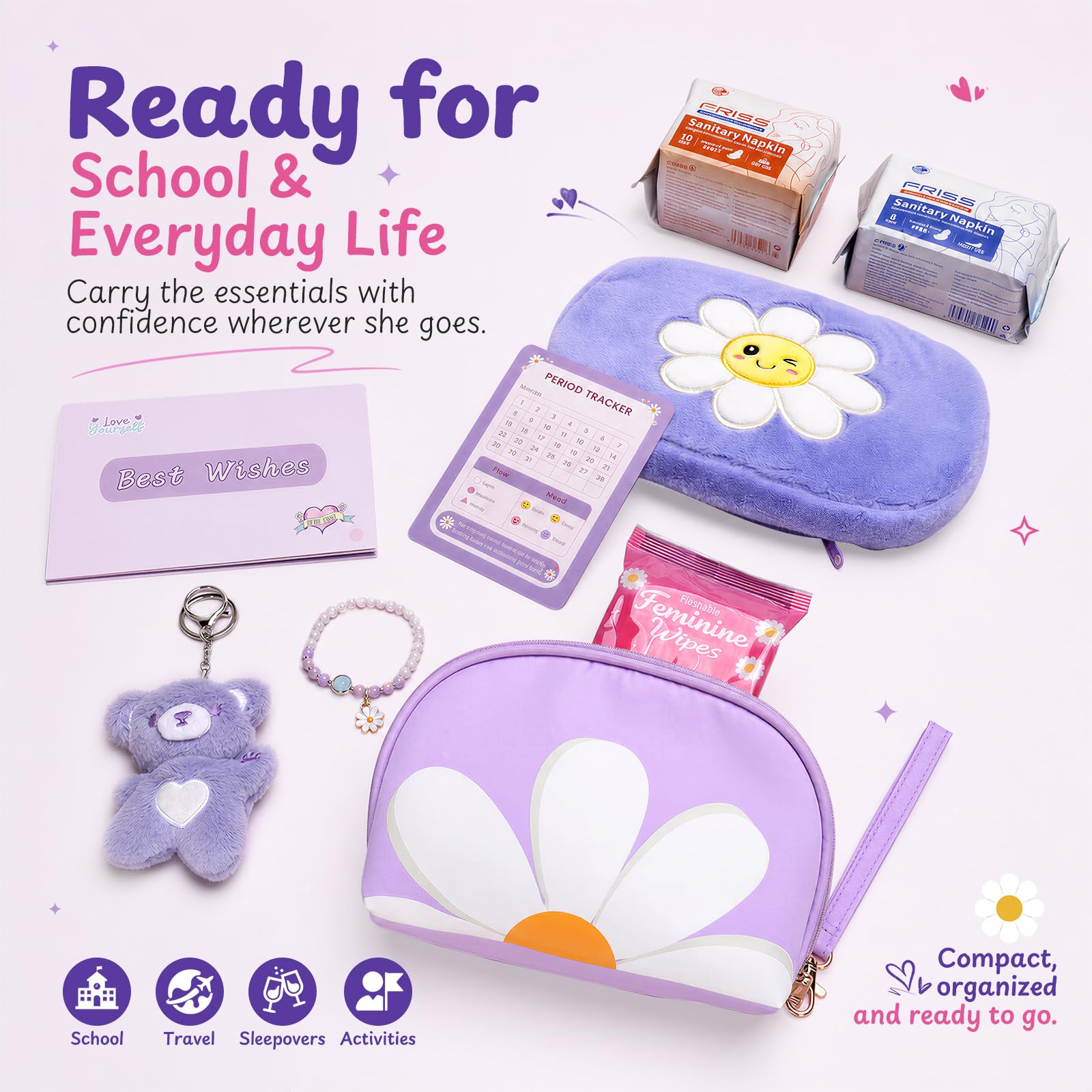 First Period Kit for Girls 9–12 – Tween Menstrual Starter Kits with 8 PC Period Gift Kits for for Tween Girls Gift-Ready Box (Lavender) — Amazon image 5