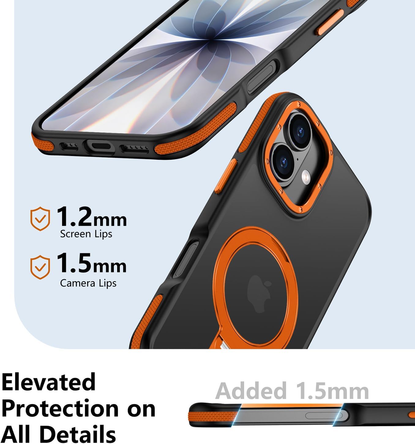 for iPhone 17 Case with 360 Spin Magnetic Stand-Finger Strap, [Fit for MagSafe][Mil-Grade Protection] Ring Holder Kickstand Shockproof Translucent Matte for iPhone 17 Phone Case (Orange)