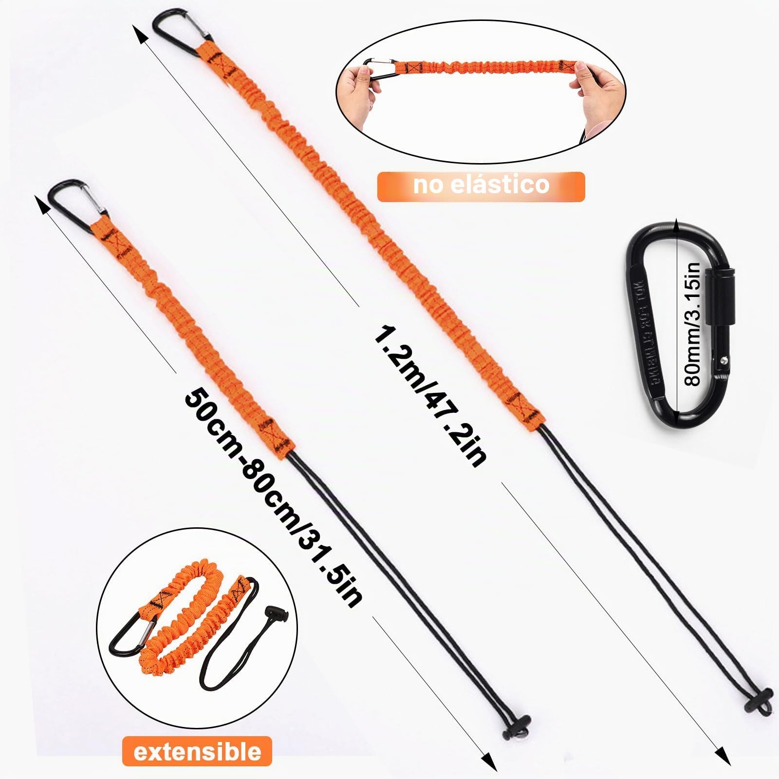 Cordón Retráctil para Herramientas 3 Piezas con Mosquetón para Construcción y Alpinismo Naranja