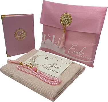 Modefa Luxury Islamic Thin Travel Prayer Mat in Satin Gift Bag - Deluxe 4 Piece Travel Set with Dua Book & Prayer Beads Tesbih - Thin Chenille Turkish Praying Carpet - Eid Gift Set Pink