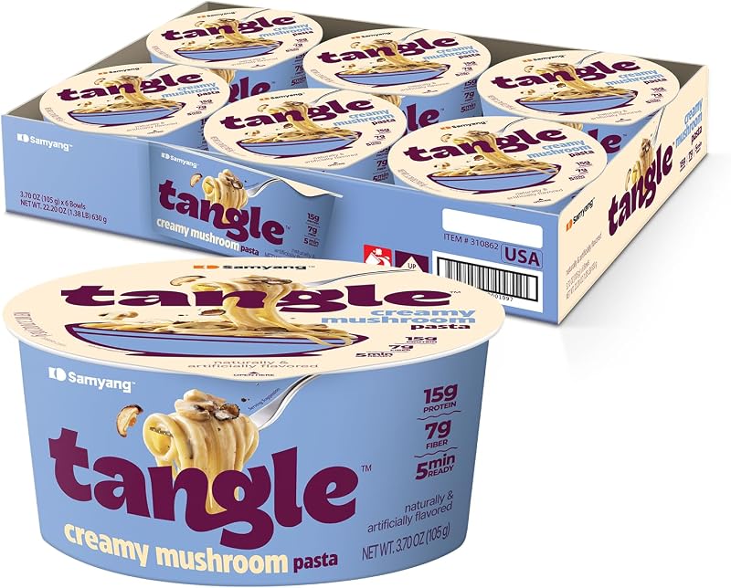 Tangle Creamy Mushroom Instant Pasta Bowl, 15g Protein Linguine, 6-Bowls | 15g protein, 7g fiber per serving; Truffle and shiitake cream, non-spicy; Air-dried chickpea noodle; Microwave-ready