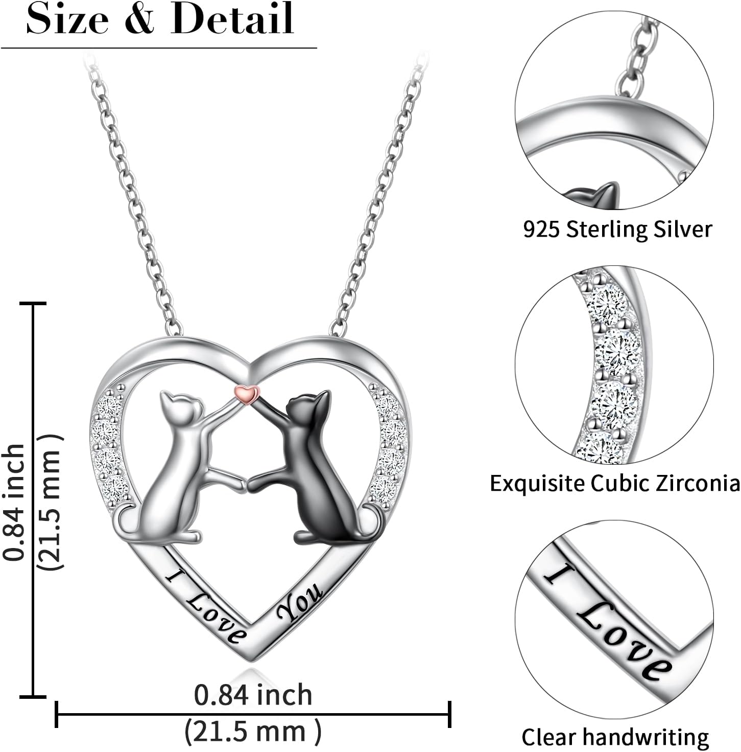 Black and White Cat Necklace for Women 925 Sterling Silver Heart Pendant Necklace Jewelry Halloween Christmas Gift for Women Cat Lovers - Image 5