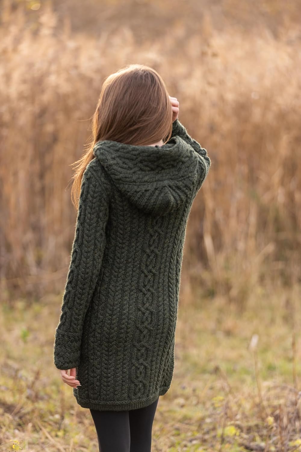 SAOL Ladies Irish Aran Zip Cardigan - 100% Merino Wool Coat with Pockets and Hood, Made in Ireland