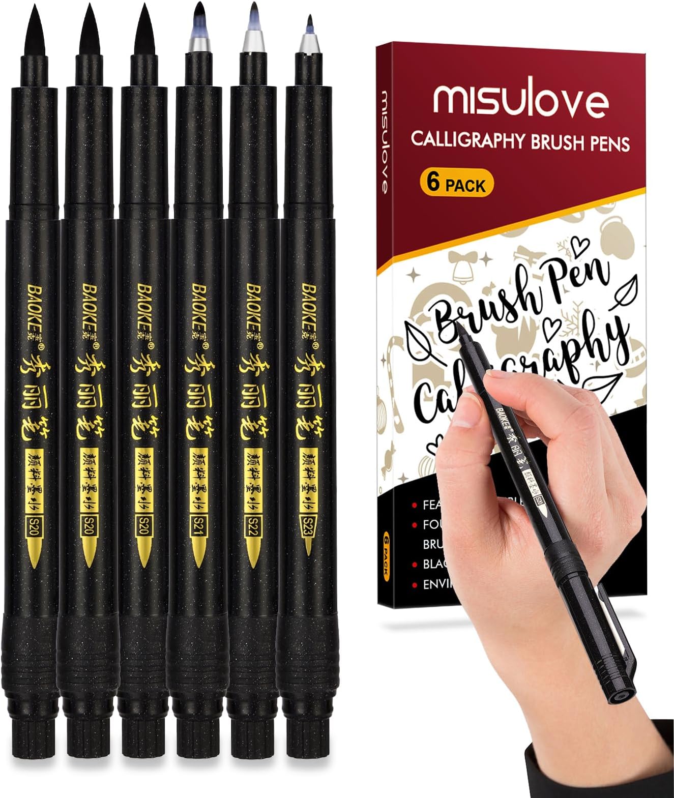 MISULOVE Calligraphy Brush Pens Set of 6(Soft & Hard) for Hand Lettering, Modern Calligraphy, Drawing, Beginner-Friendly Art Markers with Black Pigment Ink, Ideal for Scrapbooking, Journaling