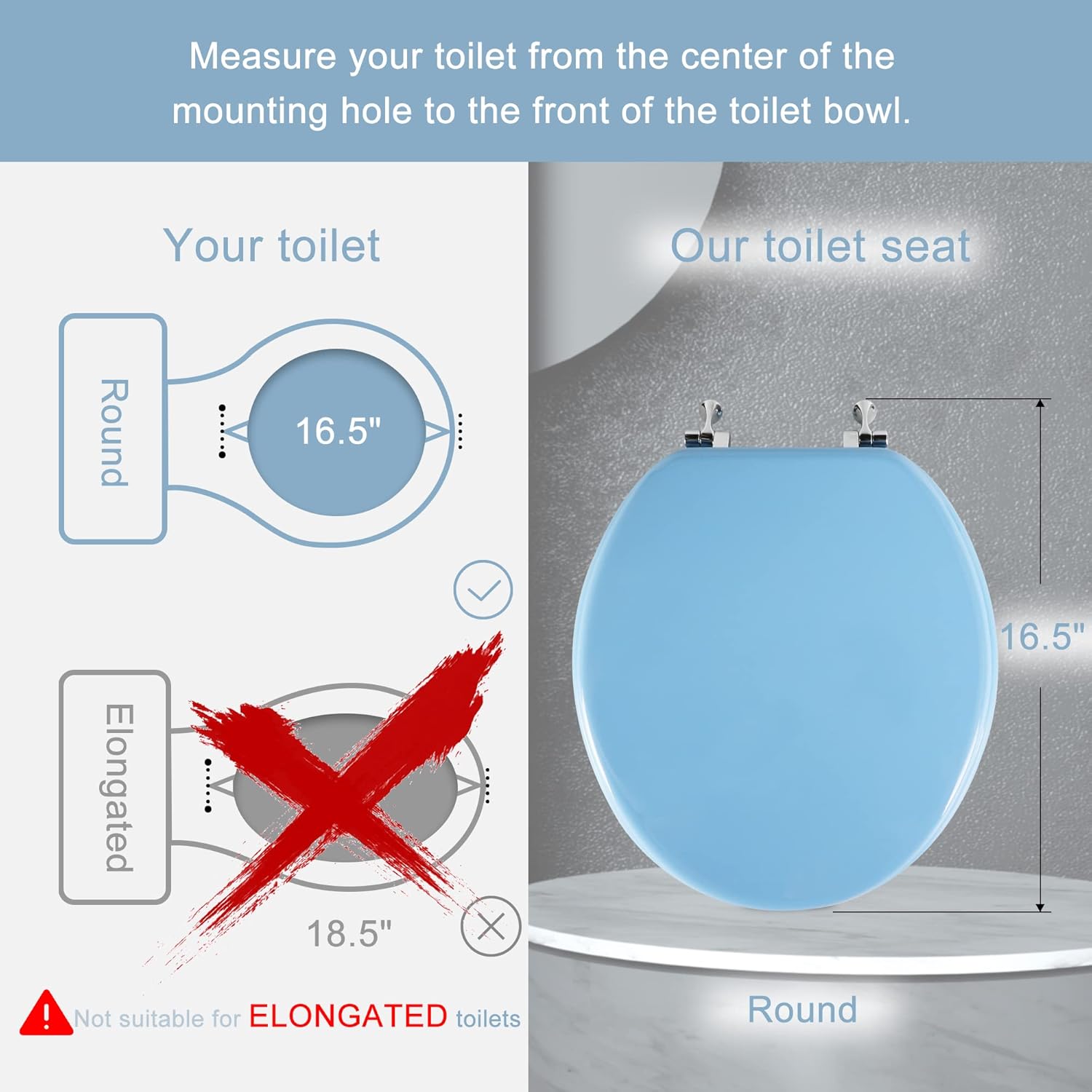 Blue Round Toilet Seat Natural Wood Toilet Seat with Zinc Alloy Hinges