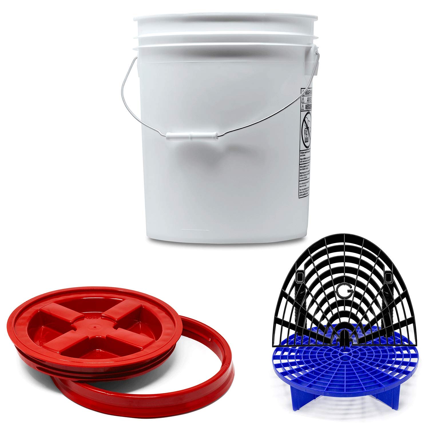 Detailmate professionelles Wasch Eimer Set: Magic Bucket Wascheimer 5 GAL (ca. 20 Liter), Gamma Seal Eimerdeckel rot, GritGuard Schmutz Einsatz blau, GritGuard Washboard schwarz