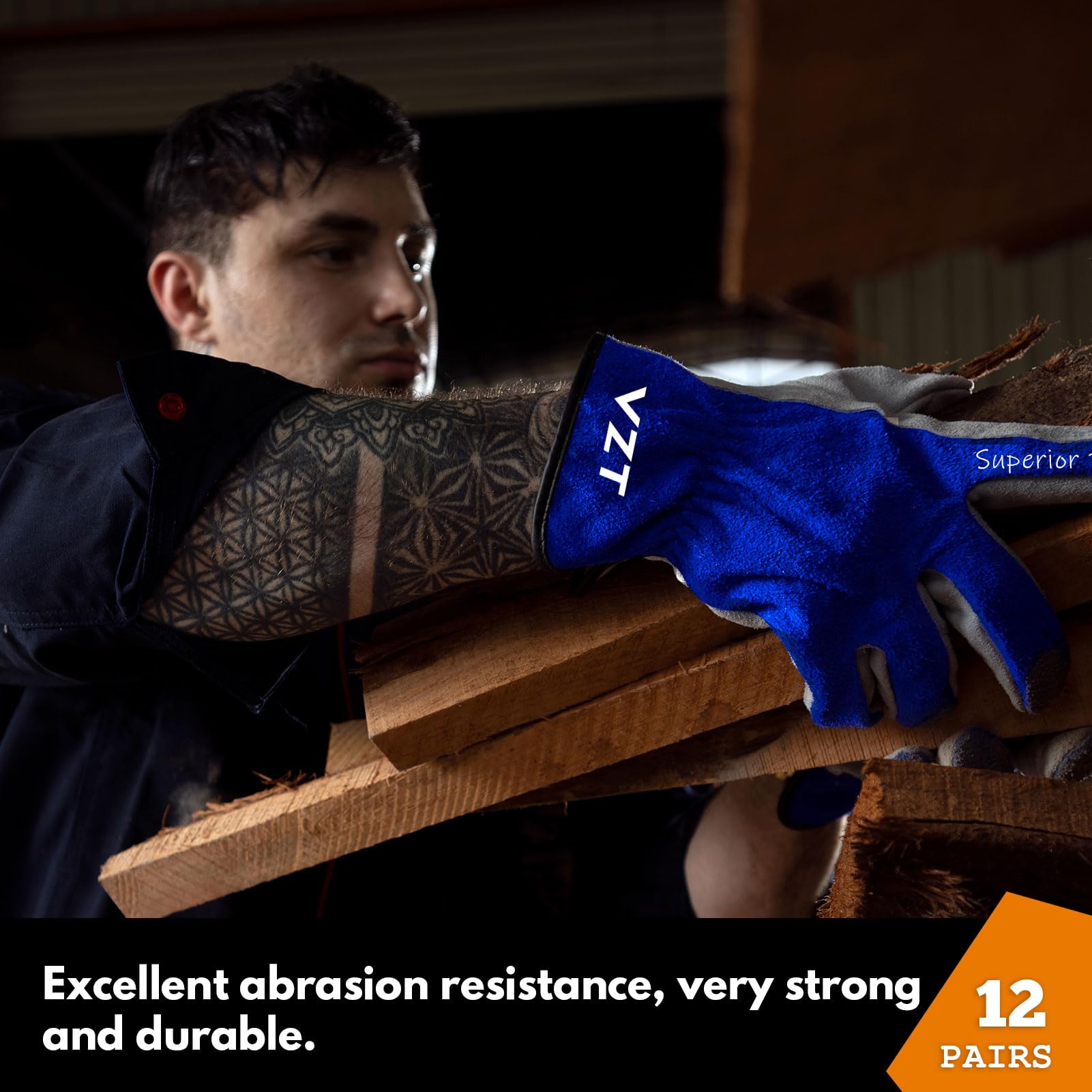 Lot de 12 paires de gants de travail en cuir pour homme ou femme pour la construction, la coupe du bois, la conduite, le jardinage, la réparation automobile, résistant à l'eau, cuir de vachette
