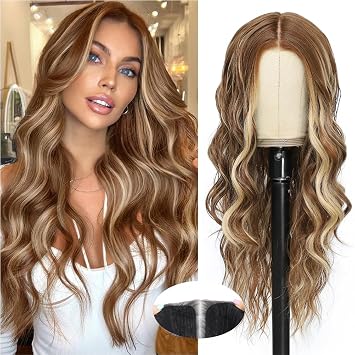 Ubeleco Wigs for Women Long Wavy Middle Part Lace Hairline 26 Inch Synthetic Heat Resistant Wig for Daily Party Highlight Brown Mixed Blonde