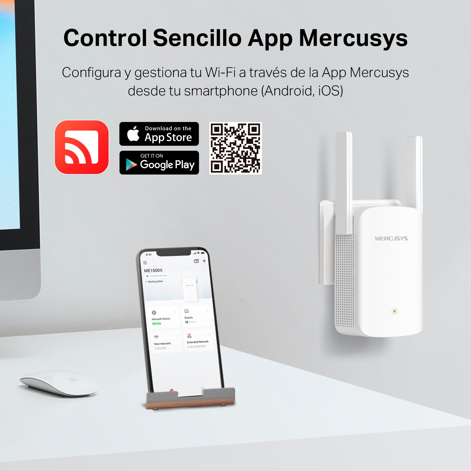 Mercusys ME1500X Wi-Fi 6 Repetidor de Doble Banda 1201 Mbps 5 GHz 300 Mbps 2,4 GHz Puerto Gigabit