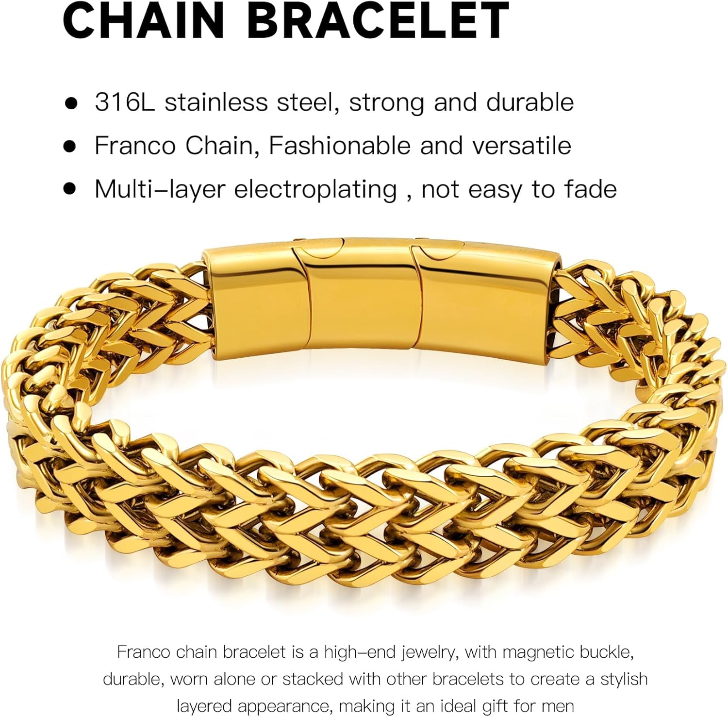 Stainless Steel Franco Chain Bracelets for Men - 6mm/8mm/10mm/12mm Width, 7.5"/8.3" Length, Black & 18K Metal, Durable and Adjustable Cuban Link Bracelet