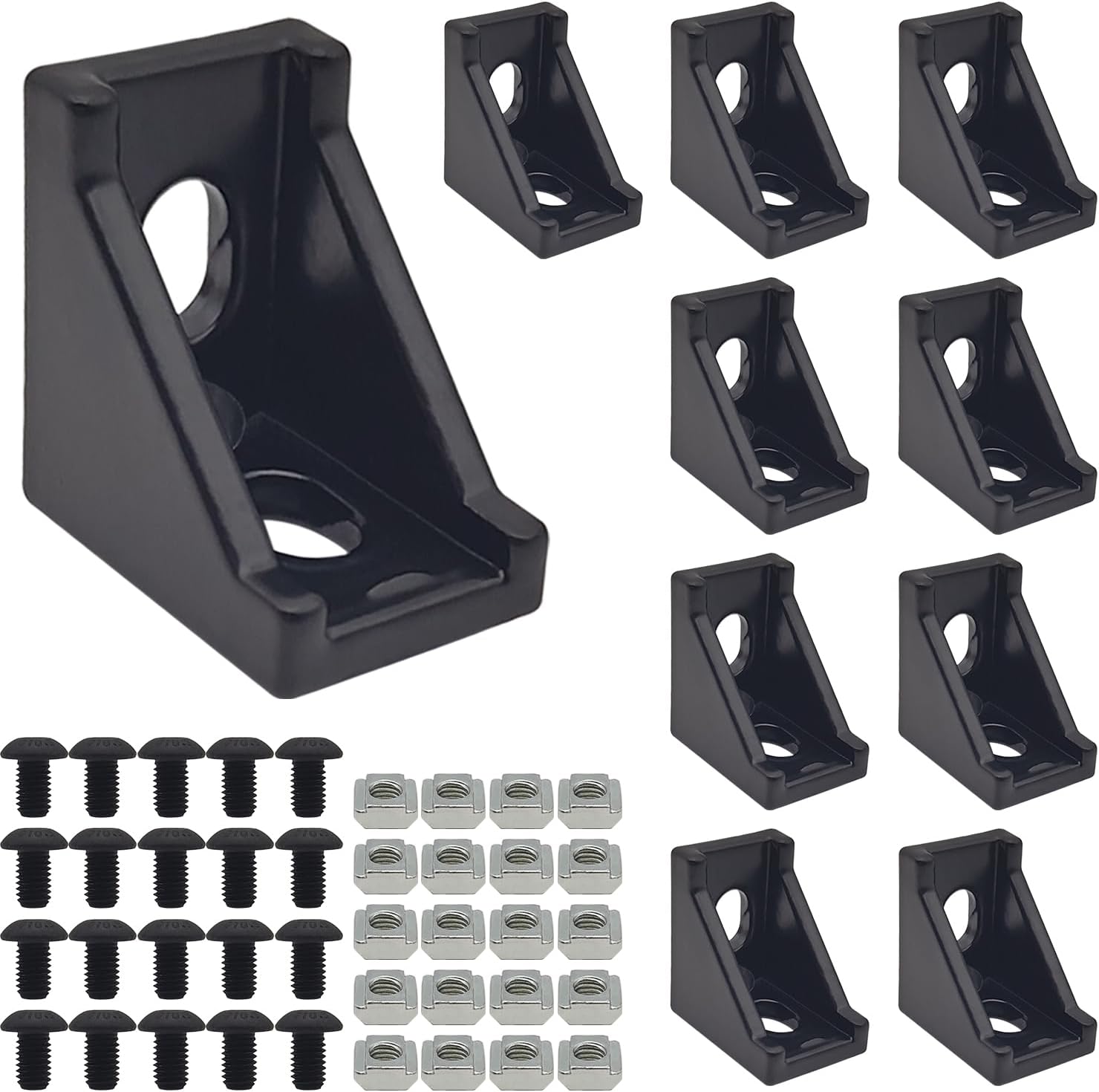 10 Set Black 2020 Series Aluminum Extrusion Profile Corner Bracket, L Shape Connectors wtih 20 Pcs M5 T Slot Nuts + 20 Pcs M5 Hex Bolts for 1/4 20/20 V T Slot Rail Perfil Extruded Aluminum Connect