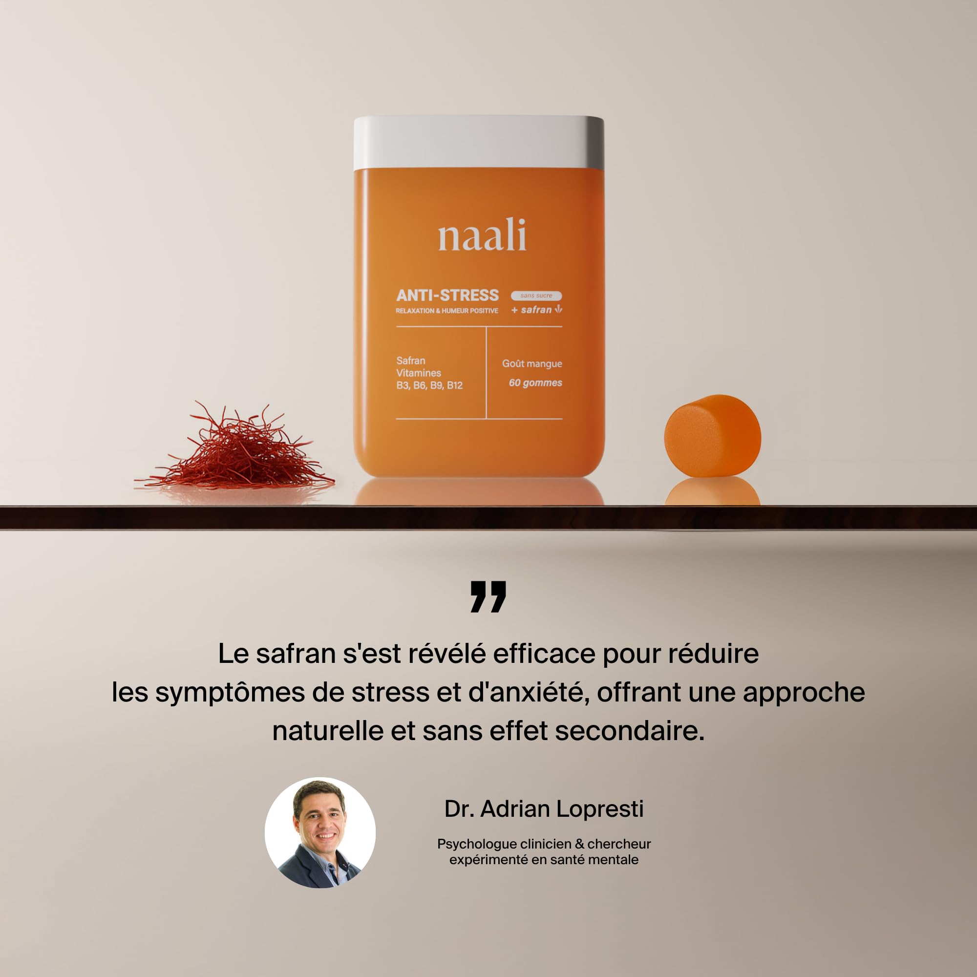 Naali Gummies Anti Stress Safran Vitamines B3 B6 B9 B12 – 60 Gommes - Fatigue, Soutien de l’Humeur, Énergie Mentale – Sans Sucre, Goût Mangue – Complément Bien-Être, Équilibre Intérieur