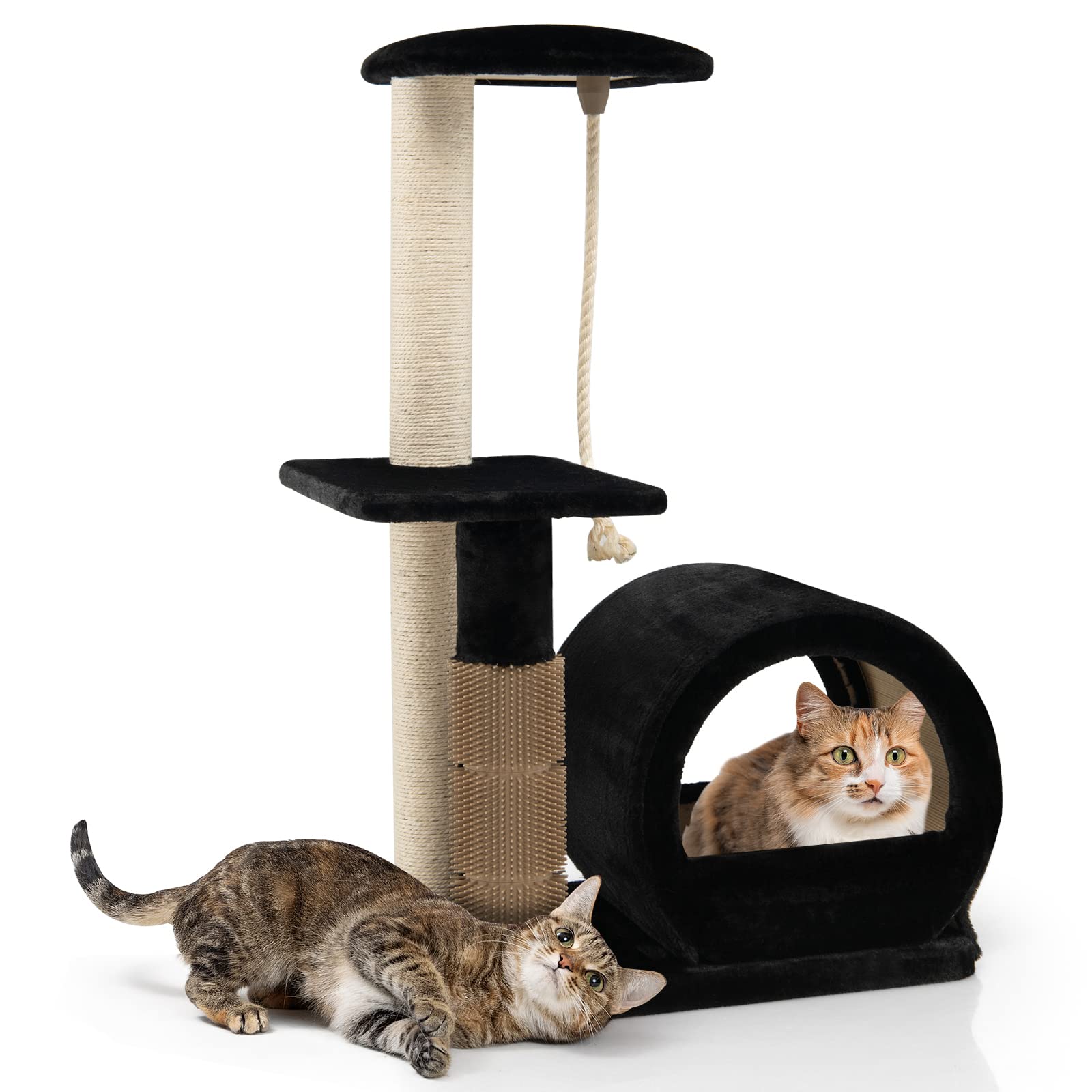 GOPLUS 93 cm Krabbel met klauwspeler in sisal en verzorgingsborstel en kattenhuis, 3 niveaus kattenboom, klein kattenmeubilair, activiteitenboom voor kittens en volwassen katten (zwart