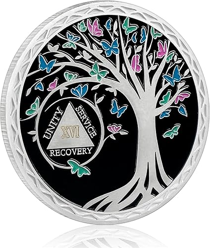 Miniatura 2 de CHURYUML Moneda de sobriedad de 16 años, árbol de la vida, medallón de logro de chips de sobriedad, mariposa, ficha sobria, regalos de sobriedad