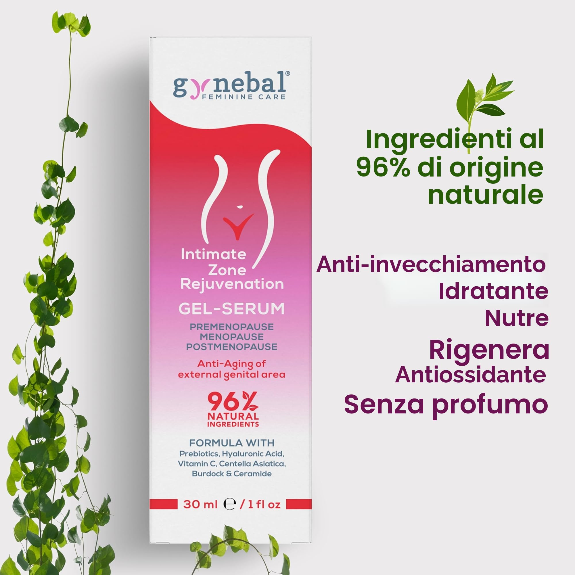 30 ml GYNEBAL Gel-Serum intimo super idratante e antietà contro la secchezza intima femminile in menopausa - Uso esterno - Ringiovanimento zona vulvo-vaginale con ialuronico, vit C, ceramidi.