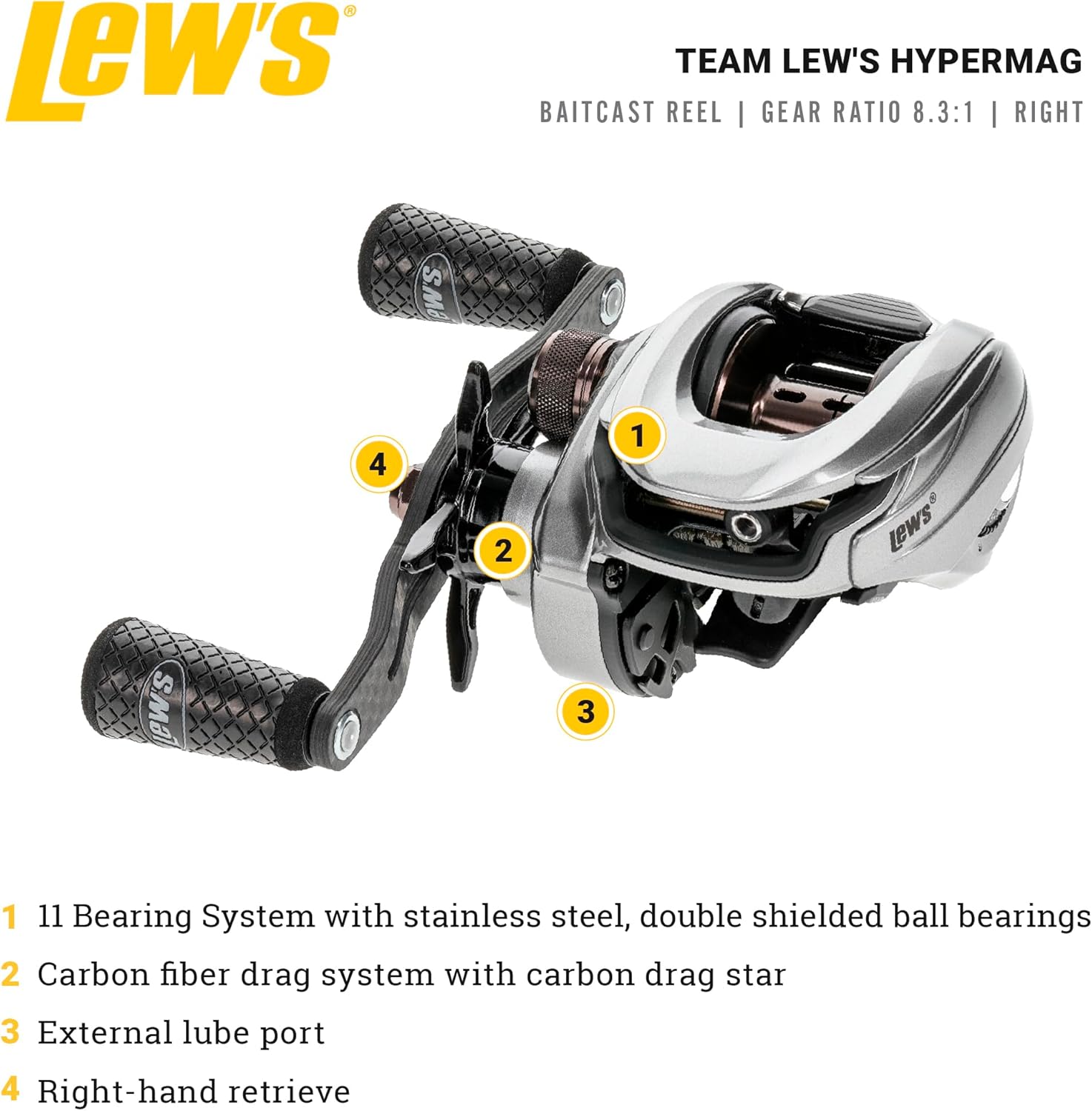 Team Lew's HyperMag Baitcast Fishing Reel, 10+1 Double Shielded Bearings, 8.3:1 Gear Ratio, One-Piece Magnesium Frame, Carbon Fiber Drag, Right-Hand Retrieve, Silver