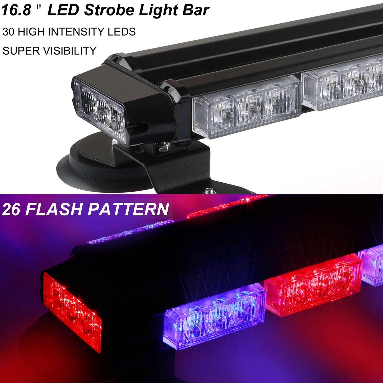 ASPL Barra de luz estroboscópica LED intermitente de 16.8 pulgadas, 26 modos de intermitencia, luces de advertencia de peligro de emergencia de alta intensidad con base magnética para coche, camión