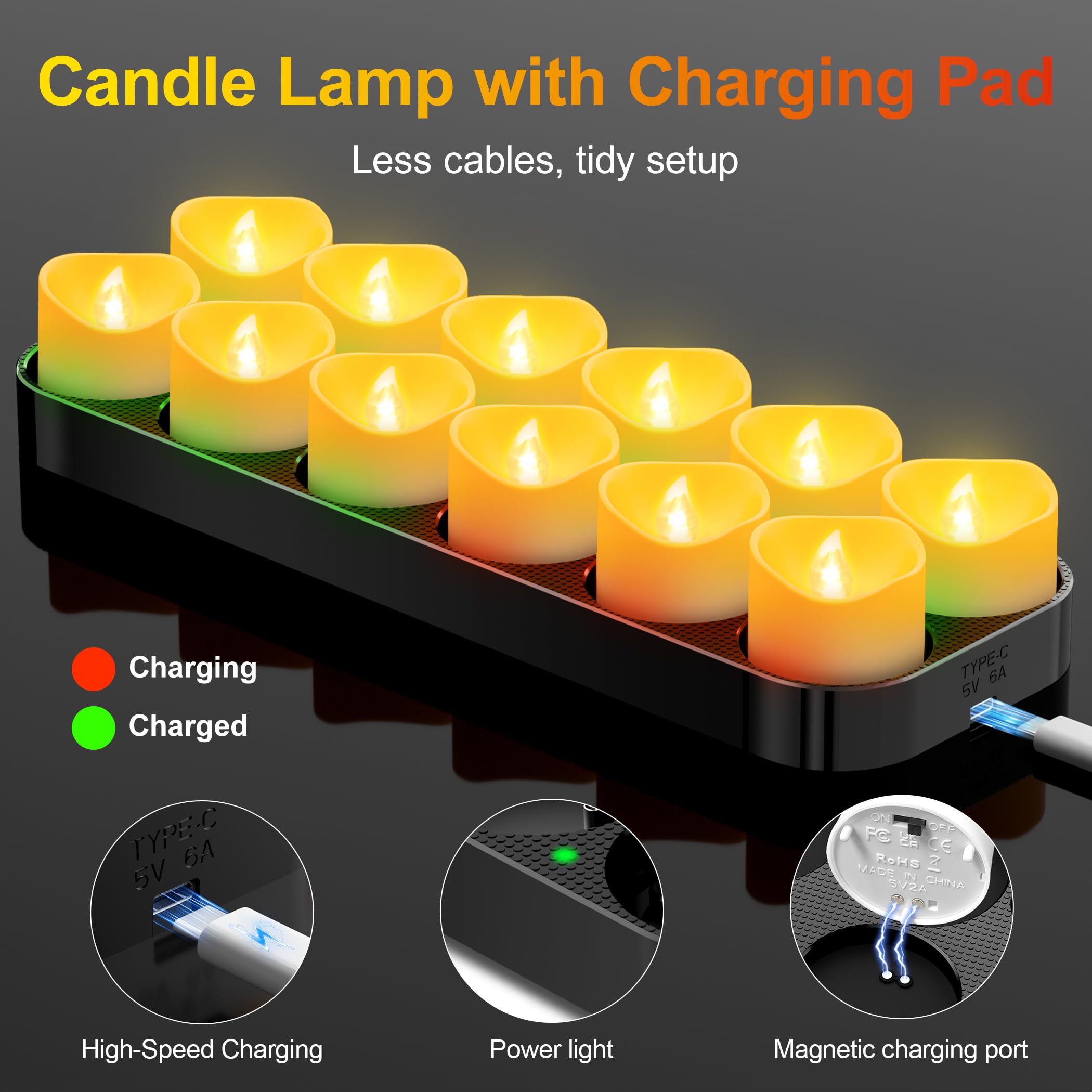 daphomeu 12 lumini a LED ricaricabili con telecomando e funzione timer, stazione di ricarica magnetica, funzionamento 100 H+, candele elettriche tremolanti per decorazioni natalizie e decorazioni da