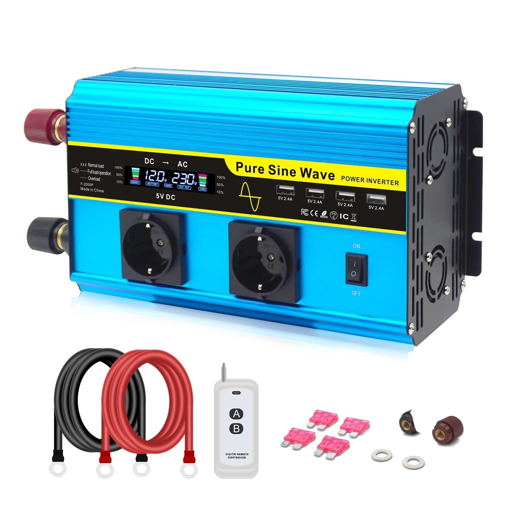 Convertidor Inversor Transformador Inversor Onda Sinusoidal Pura 8000W CC 12V/24V A CA 220V/230V Control Remoto Pantalla LCD Convertidor para Autocaravana Batería Solar(AC24V,60Hz Uni,4000W Peak)