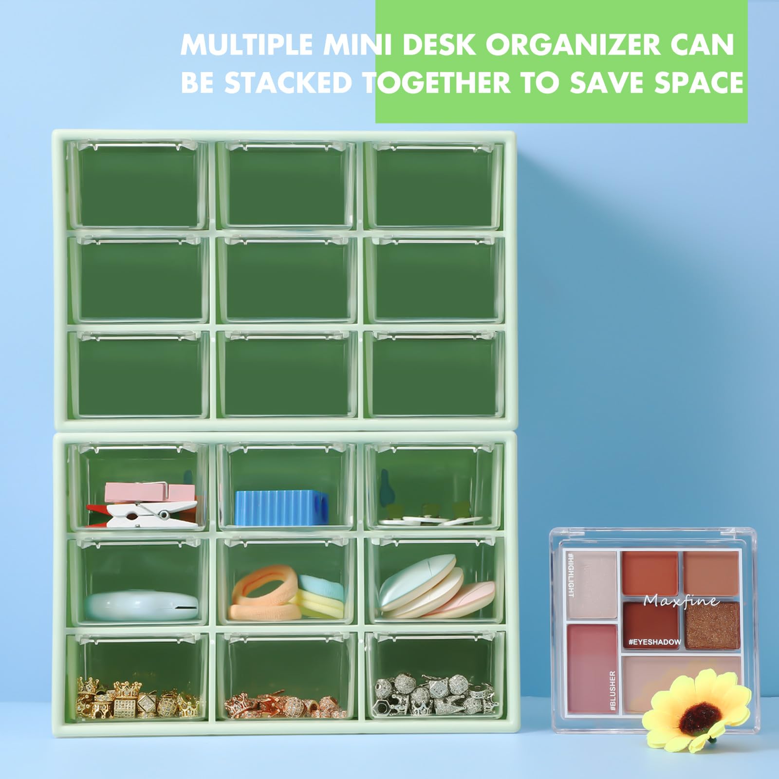 Lot de 6 mini organiseurs de tiroir avec tiroirs - Boîte de rangement en plastique avec 9 tiroirs - Organisateur de bureau pour bureau, maison, chambre, bijoux, cosmétiques, collection - Fixation