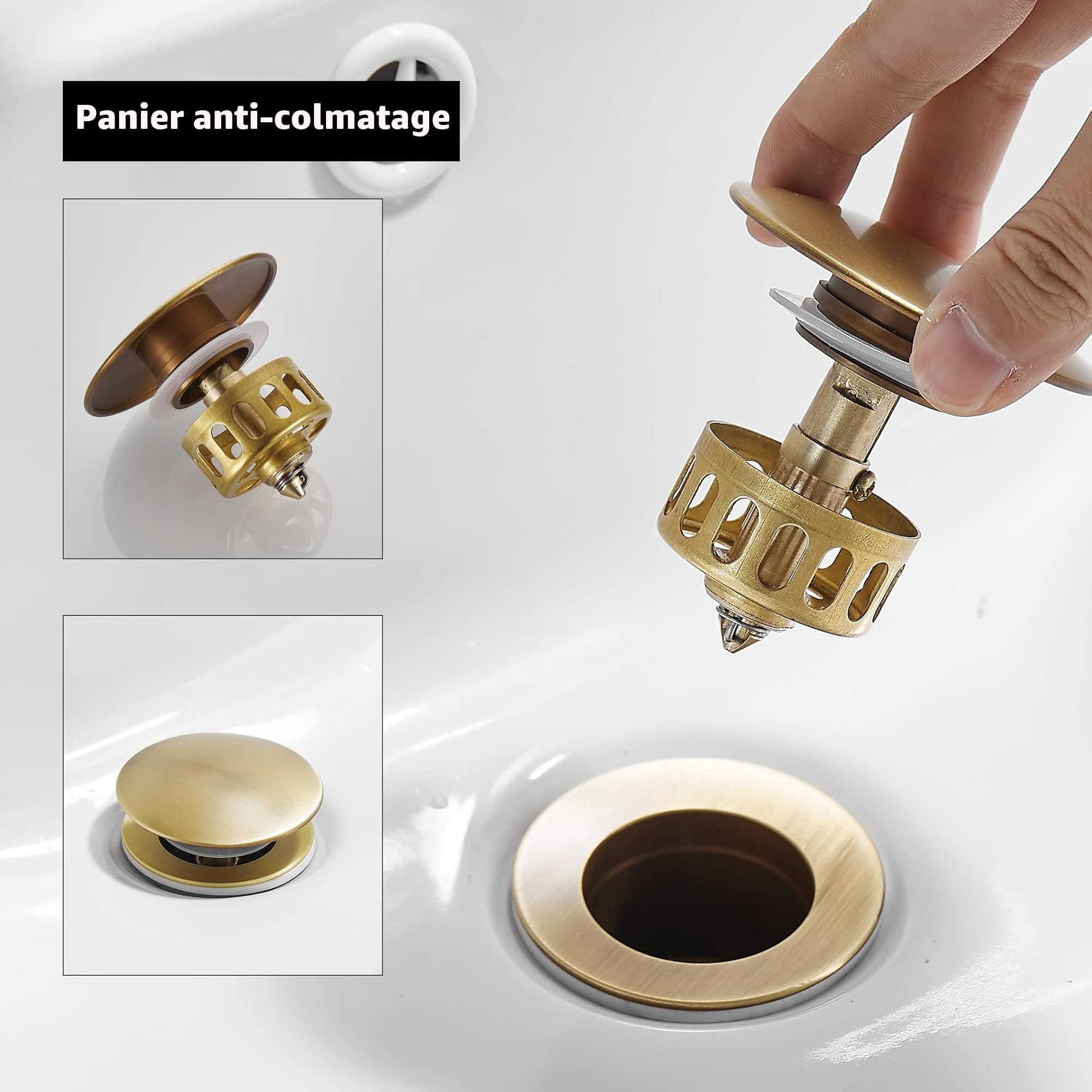 Antique Bonde de Lavabo Pop Up avec Trop Plein, Bouchon de Vidange avec Panier à Crépine,Bonde de vidage pour lavabo de Salle de Bain Laiton
