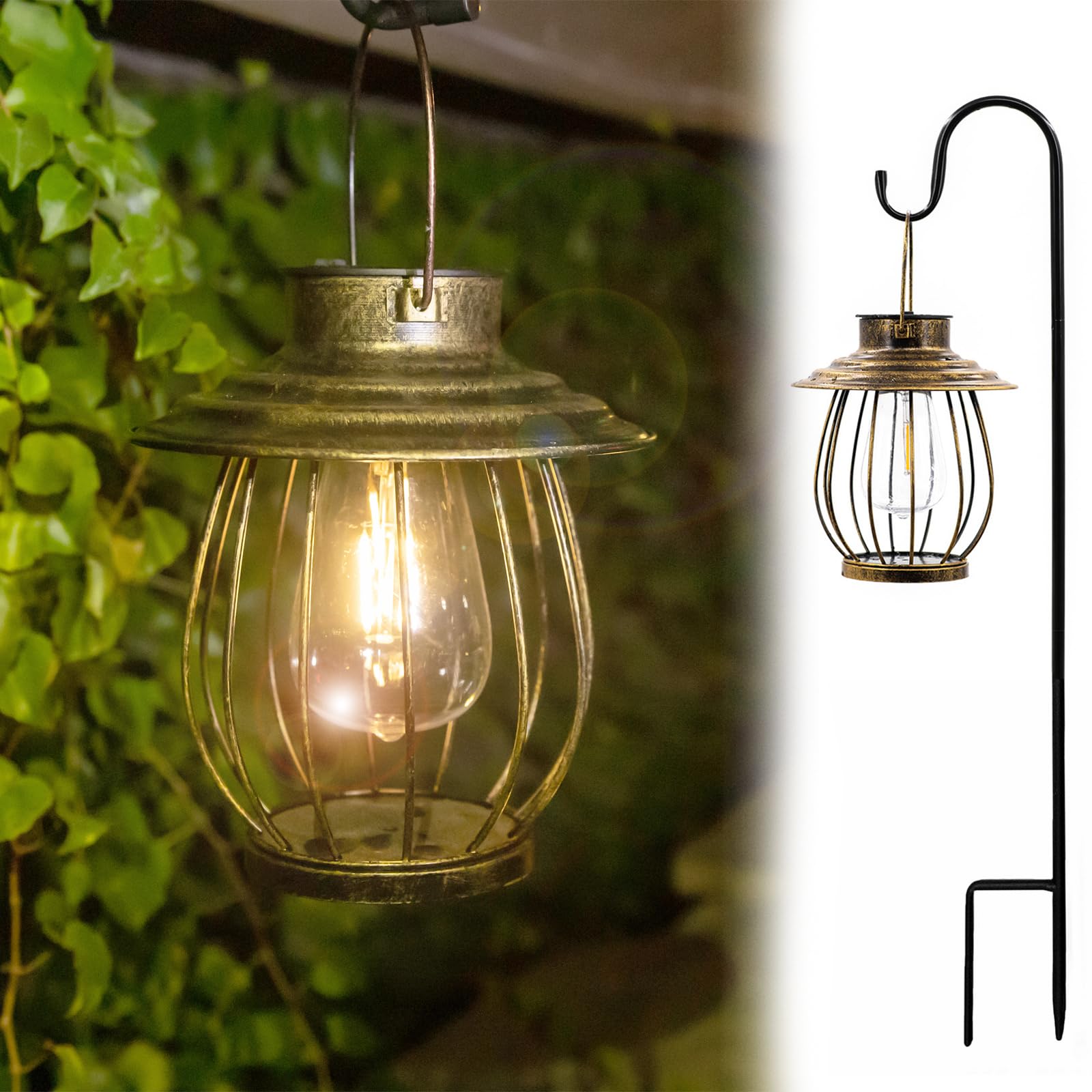 Solarlaterne Zum Aufhängen – Vintage Bronze, Wetterfest, Mit LED Edison-Glühbirne, Für Garten & Terrasse