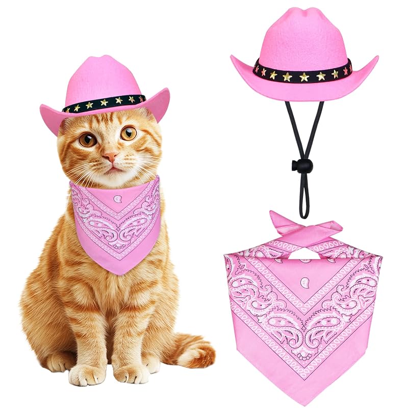 Fantasia de Cowboy para Cães e Gatos com Chapéu de Feltro e Bandana PAYHTOW Rosa Pequena
