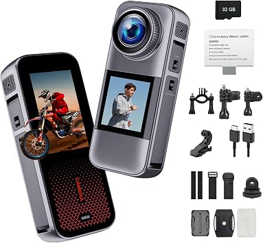 Action Camera with Dual Color Screen,Body Waterproof Camera Suitable for Travel Motorcycle Helmet Cameras, Equipped with 32GB Card, 2 Batteries, and Various Installation Kits