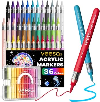 VEESA Acrylic Paint Markers Brush Tip, Automatic Ink Control, 36 Colors | Water-Based Ink, Colors That Beautifully Layer, Color Coded, Storage Box Included
