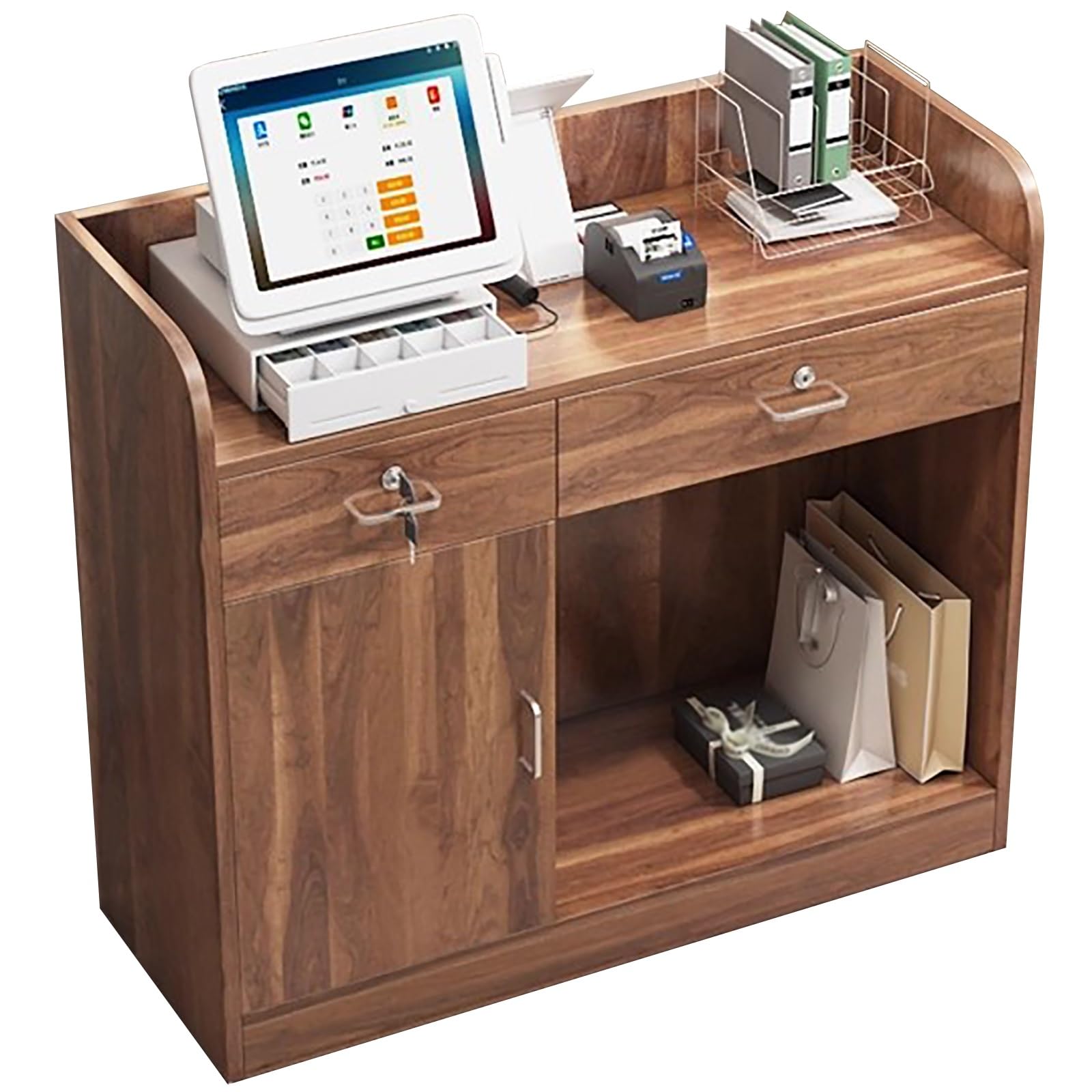 Moderner Empfangstisch mit abschließbarer Schublade, kleiner Thekentisch für Salon, Büro und Lobby, Braun, 100 cm, stilvolle und funktionale Empfangsmöbel
