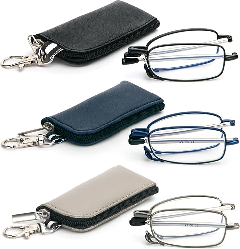 3 Pack Folding Reading Glasses with Keychain Compact Bags Women Men Blue Light B
