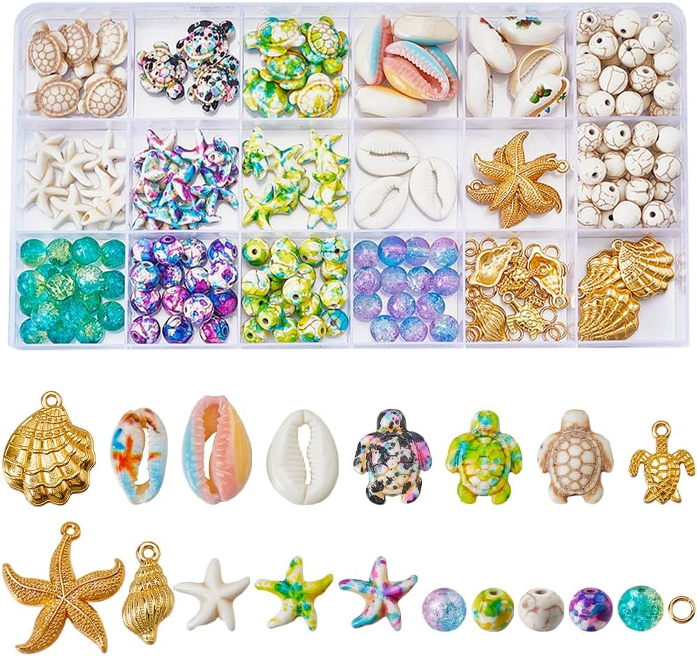 SUNNYCLUE 1 Box 252Pcs Beach Beads Kit Sea Animal Beads Starfish Shell Turtle Charm Gold Sealife Charms Seashell Bead Lucky Turquoise Bead Ocean Beads for Jewelry Making Kits Adults DIY Supplies