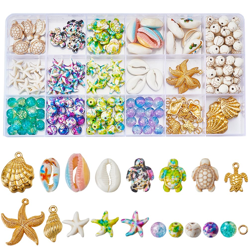 SUNNYCLUE 1 Box 252Pcs Beach Beads Kit Sea Animal Beads Starfish Shell Turtle Charm Gold Sealife Charms Seashell Bead Lucky Turquoise Bead Ocean Beads for Jewellery Making Kits Adults DIY Supplies