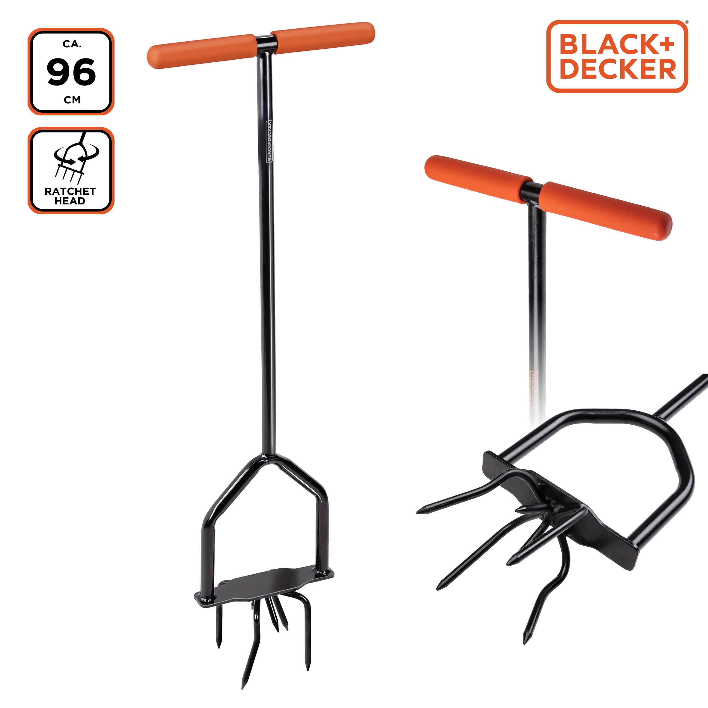 BLACK+DECKER Serpette de Jardin avec cliquet - Tête rotative - Poignée Ergonomique - Cultiver et désherber - Noir/Orange