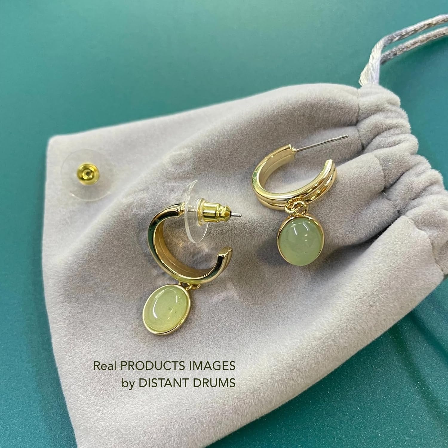 DISTANT DRUMS Simple Natural Green Aventurine Stone Jewelry Set for Women,Hoop Earrings,Bracelet,Necklace,18K Gold-plated Spiritual Gift,Fortunate Stone Jewelry,Choker - Image 6