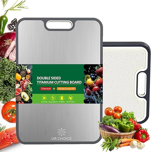 UR CHOICE Tabla de cortar de titanio puro de 15.15 x 10.4 pulgadas, tabla de cortar reversible ligera con ranura para jugo, área de molienda de ajo,