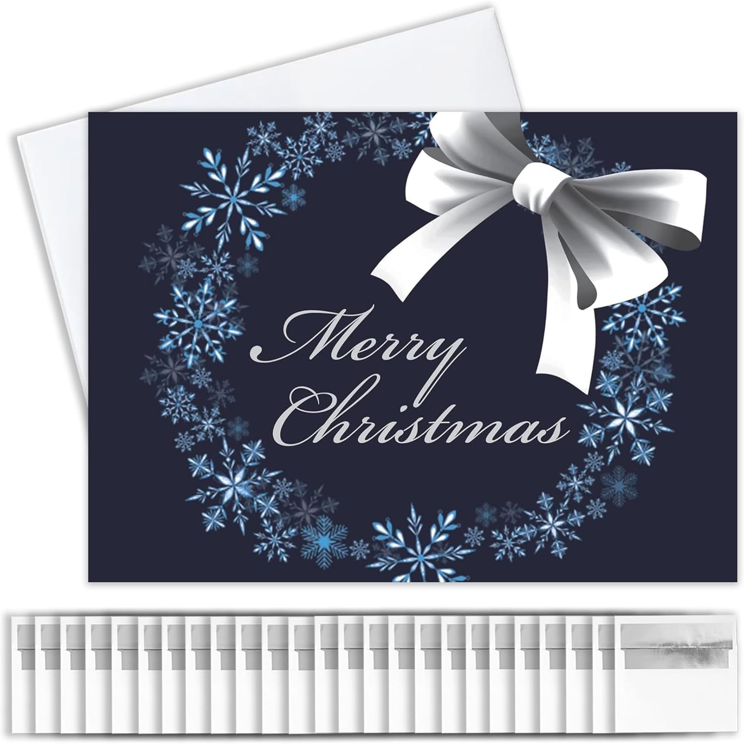 Merry Christmas Cards for Business & Family (Snowflake Wreath) Bulk Greeting Card Set Pack of 25 Christmas Cards with Envelopes (5x7 inch - A7) Great for Office, Work, Employees & Clients H1606
