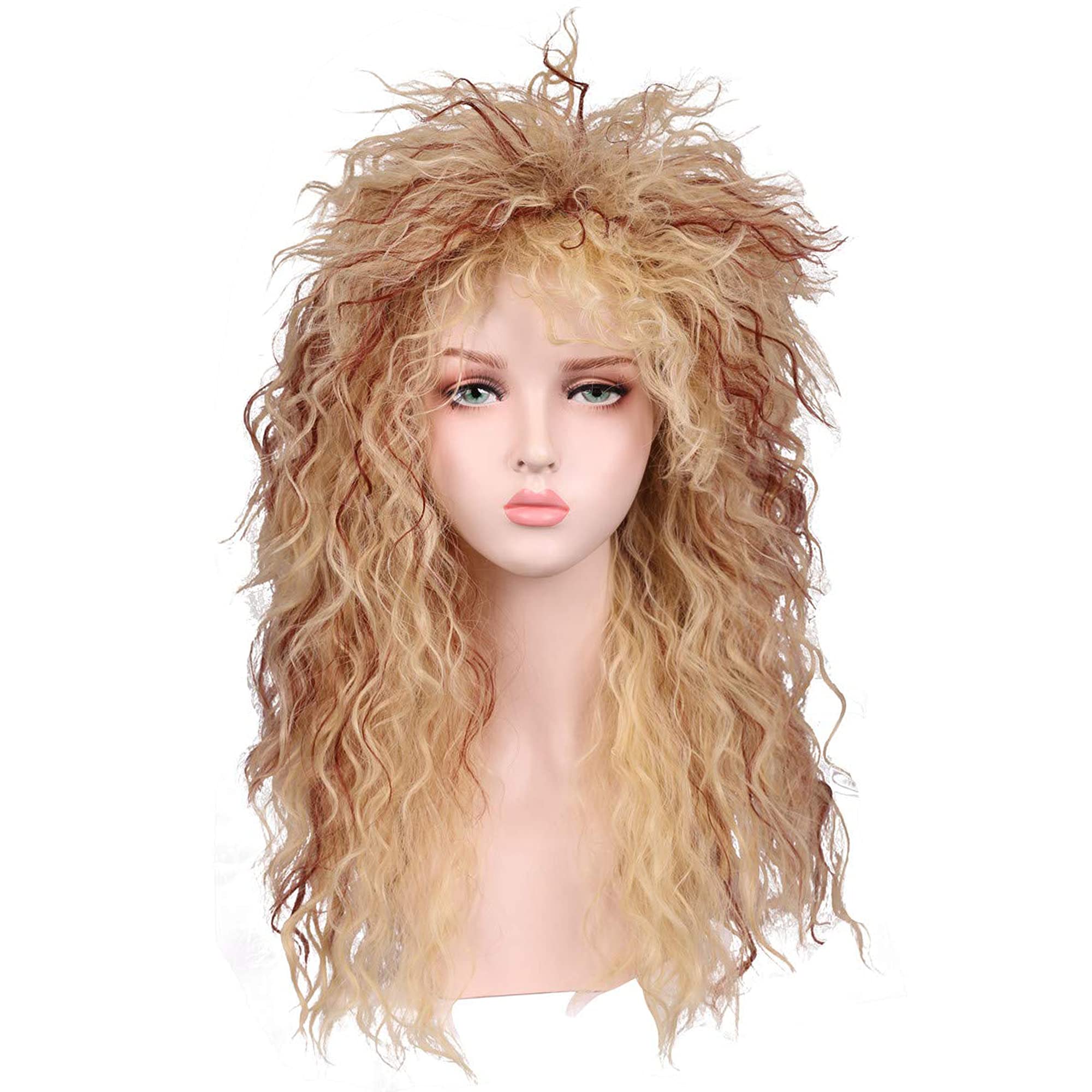 MEIRIYFA Mens Women Wig Cosplay Wig Long Curly Wig 80s Rocker Punk Wig for Halloween Costume (Blonde with Reddish Brown)