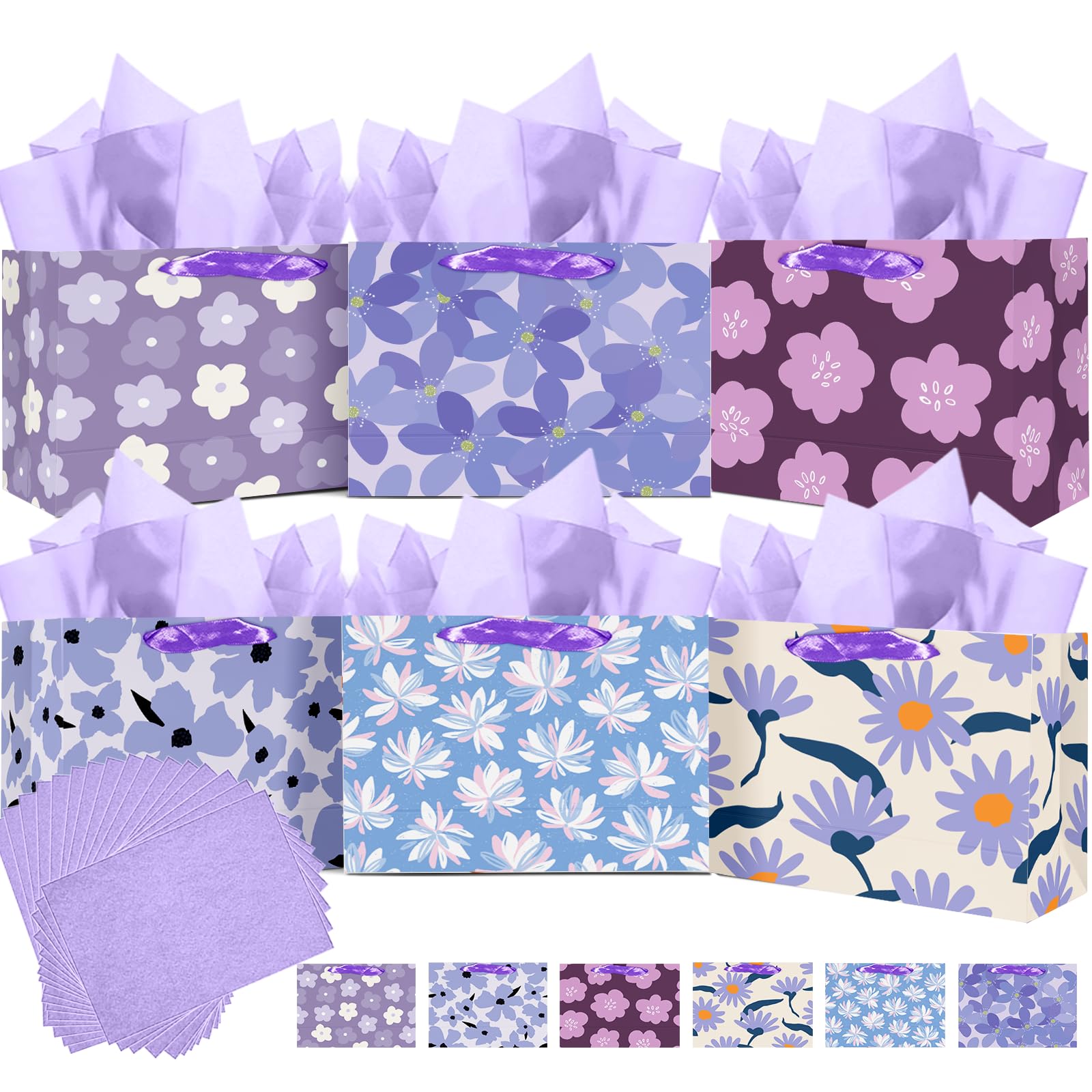 Gcardist Medium Paper Gift Bags with Tissue Paper Handles 6PCS Purple Floral Print Cardboard Floral Gift Bags for Women Mom Grandma Party Supply (6PCS Bags+ Tissue Paper)