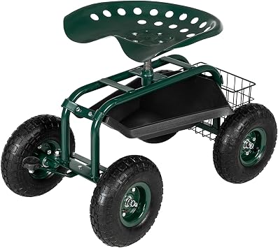 Garden Cart Gardening Workseat with Wheels, Patio Wagon Scooter for Planting, Work Seat with Tool Tray and Basket Knob Handle