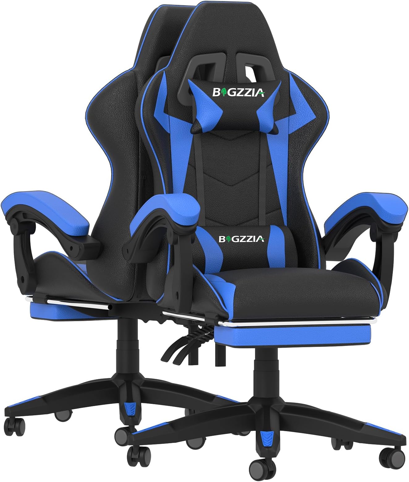 Bigzzia Gaming Chair - Ergonomic Adjustable Height Swivel Desk Chair with Lumbar & Headrest Support, Racing Style Leather, Black/Blue