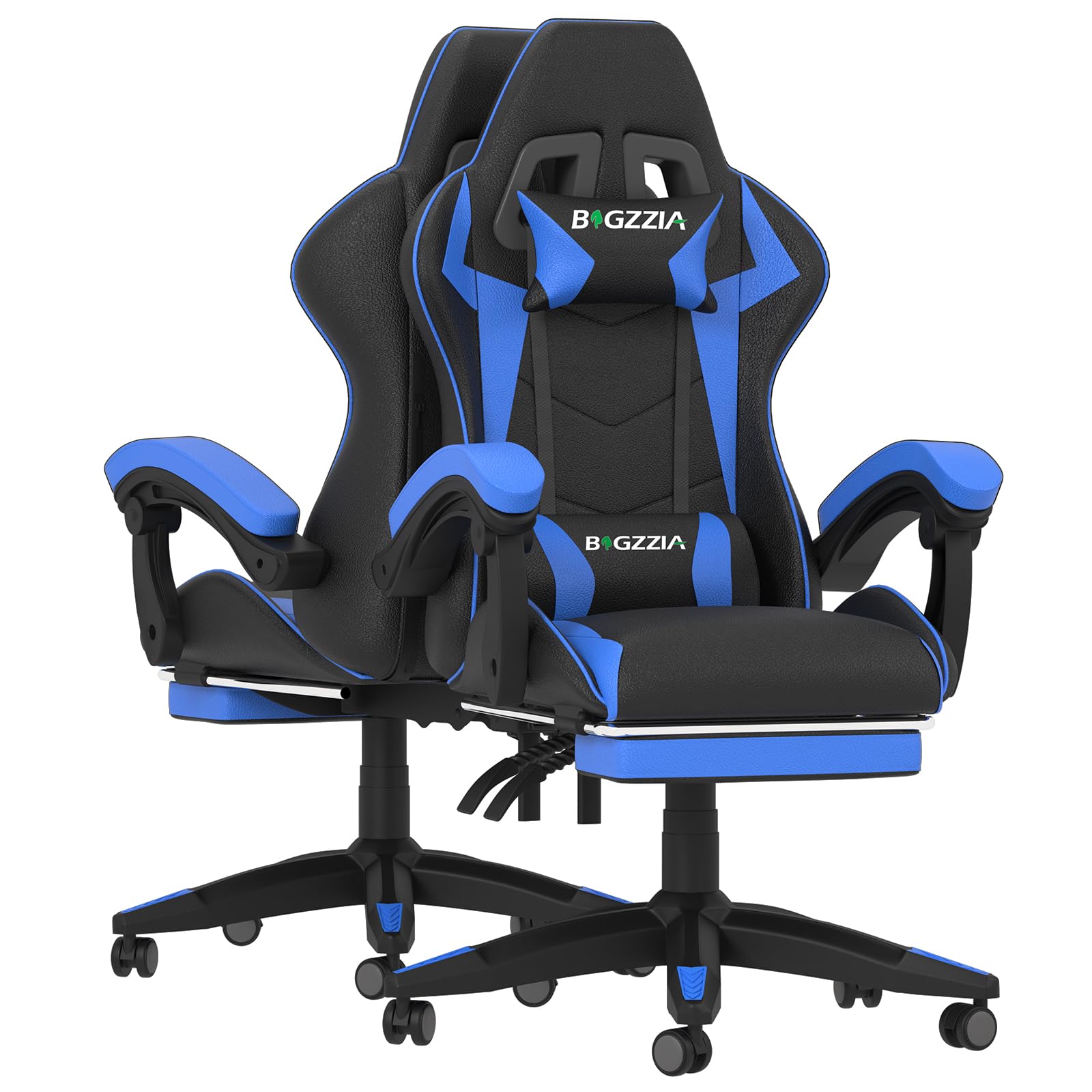 Bigzzia Gaming Chair - Ergonomic Adjustable Height Swivel Desk Chair with Lumbar & Headrest Support, Racing Style Leather, Black/Blue