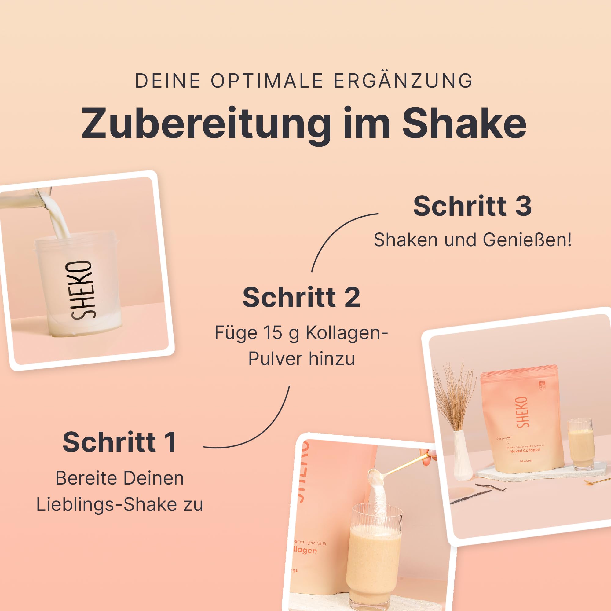 SHEKO Premium Kollagen Pulver 3x 450g - Natürliches Bioaktives Kollagen Hydrolysat - Peptide Typ 1, 2, 3 - Collagen Pulver - Reinste Qualität - Optimale Löslichkeit - Proteinpulver - Made in Germany