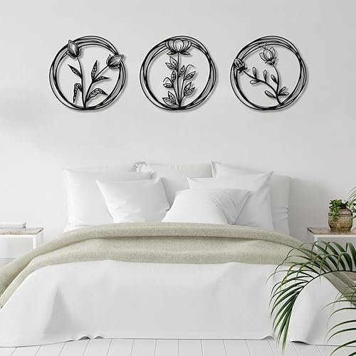 Vista 4 de Juego de 3 arte de pared de metal con flores, regalo de inauguración de la casa, diseño estético, decoración de dormitorio, decoración de flores